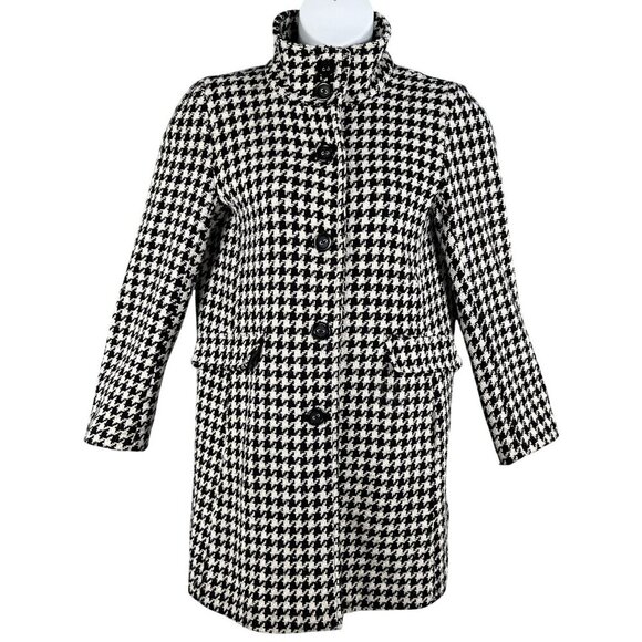 Calvin Klein Women 8 Houndstooth Wool Blend Coat Black White Button Up Old Money - Picture 1 of 16